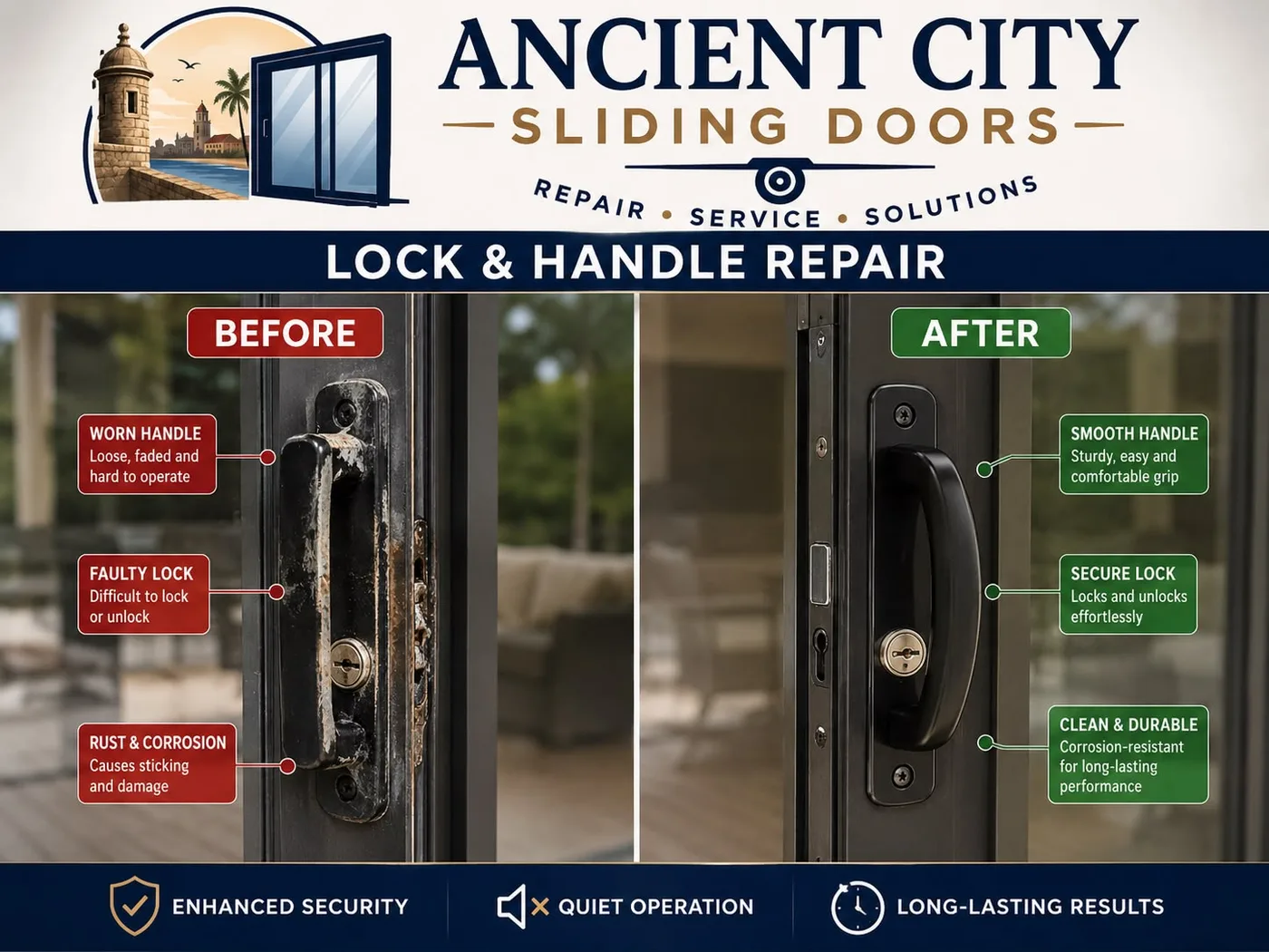 Sliding door lock and handle before and after repair