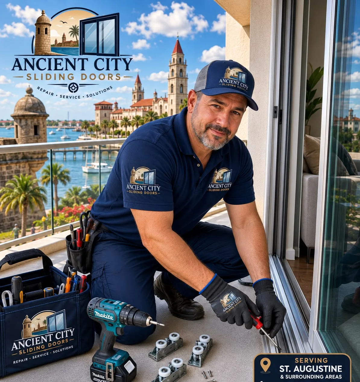 Ancient City Sliding Doors technician repairing a balcony sliding door in St. Augustine
