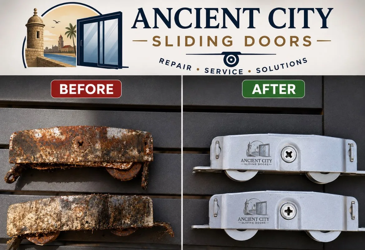 Sliding door rollers before and after replacement in St. Augustine