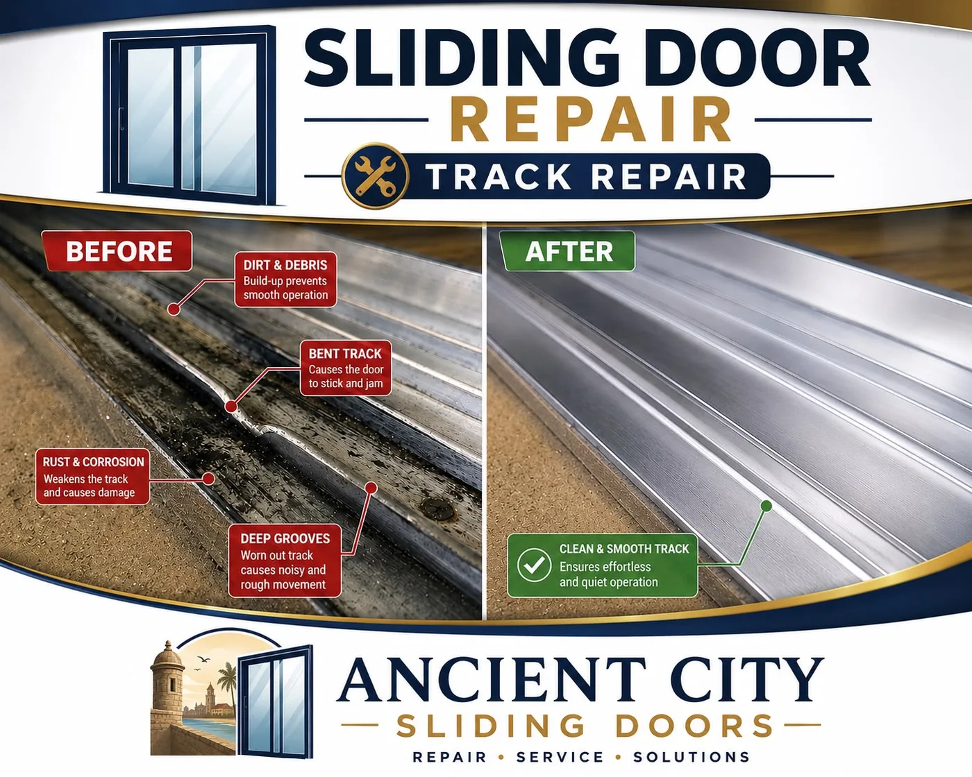 Sliding door track before and after repair in St. Augustine