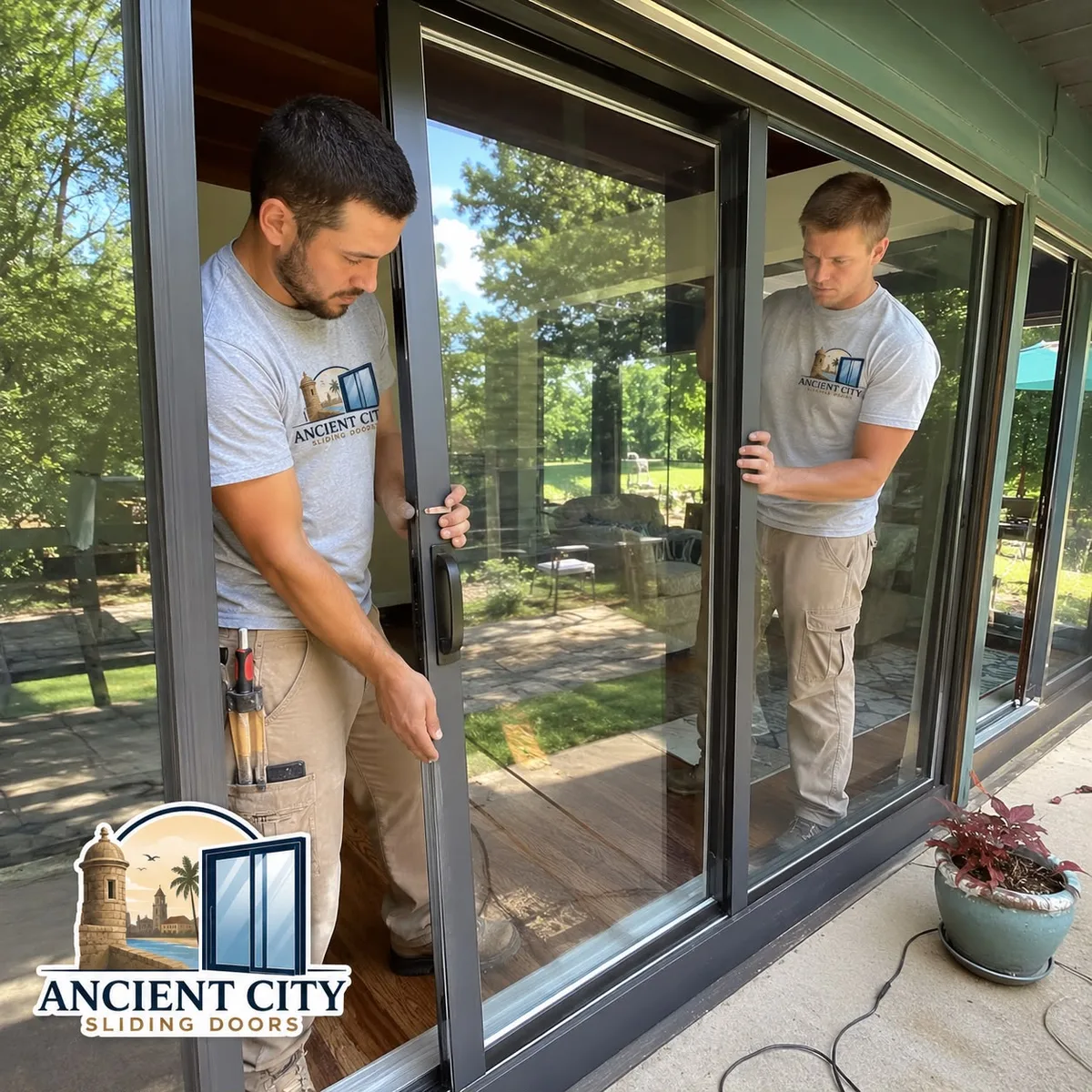 Ancient City Sliding Doors technicians repairing a sliding glass door