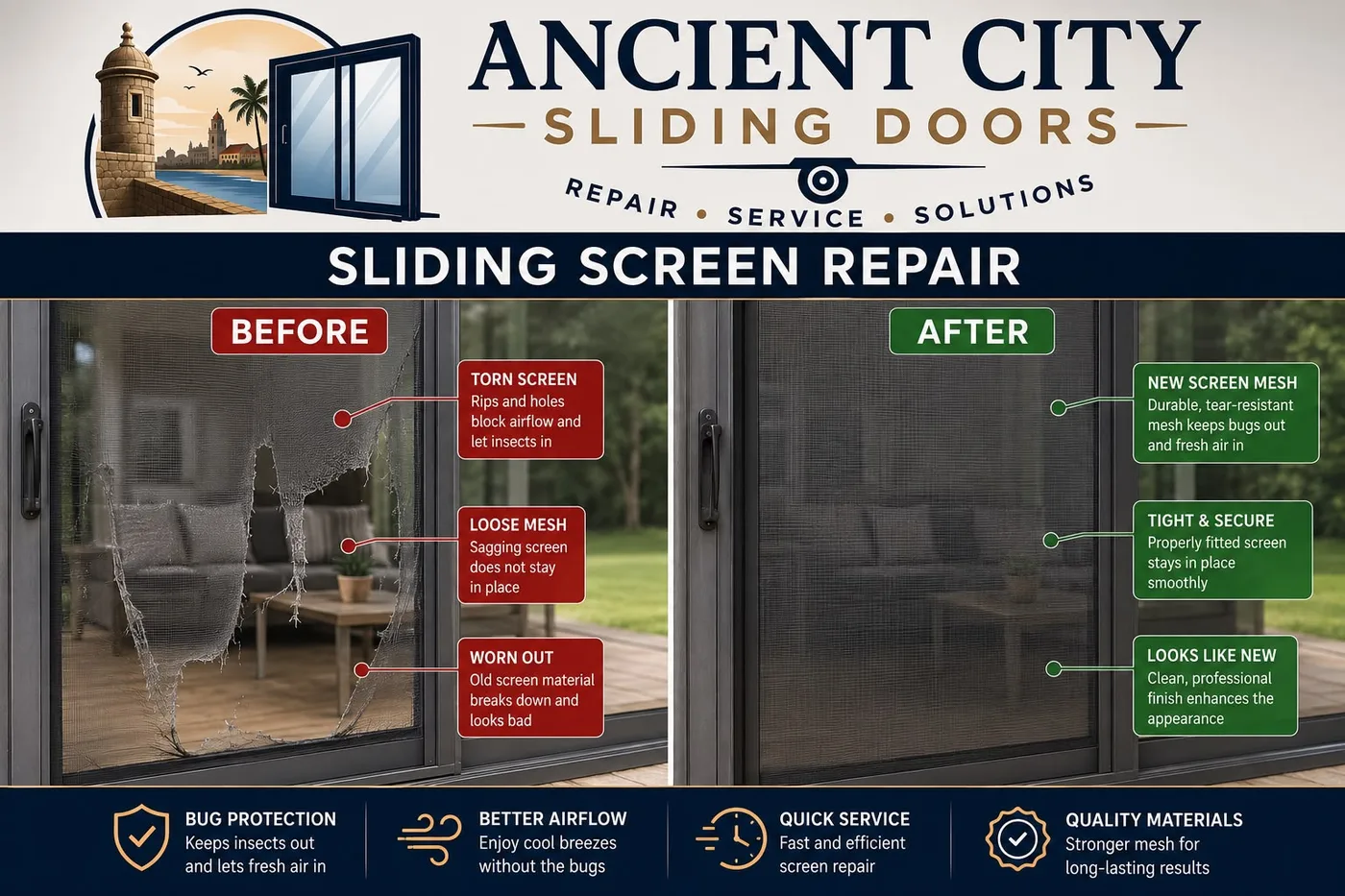 Torn sliding screen door before repair and tight new screen mesh after repair